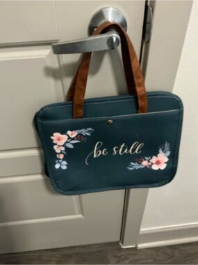 Be Still Floral Teal Tote with Brown Handles bible bag